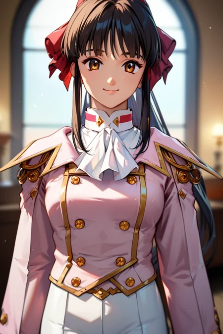 score_9, score_8_up, score_7_up, very aesthetic, source_anime, detailed, high quality, beautiful, masterpiece, detailed eyes,
blurry background, simple background,
<lora:lightXL:0.8>
cowboy shot, smile,
looking at viewer, upper body,
<lora:sakuraS_autismConfetti_v01:0.95>
shinguuji sakura, black hair, high ponytail, hair ribbon, red ribbon, brown hair, red bow, ponytail,
white pants, uniform, military uniform, pink jacket, white gloves, white ascot,, zPDXL