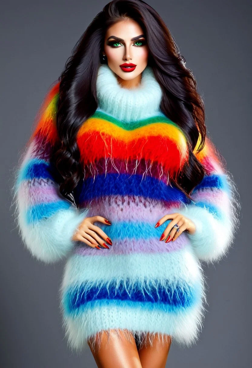 (((Full body photograph))) of a beautiful woman, ((extremely fuzzy)) mohair sweater, (fur trim fluffy fuzzy shaggy hairy hirsute Mohair_sweater_SDXL dress) Long hair with rainbow colored strands of hair. Rainbow color clothes. Smoked eye make up. Bold eye liner. Green eyes and red lips. Smiling and showing white teeth. Big boobs. LaDy_Bloom, Mohair_Sweater_SDXL