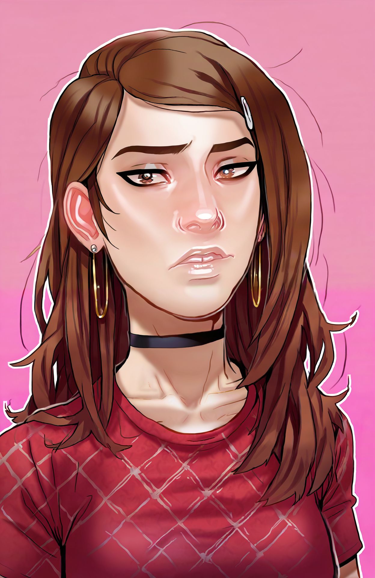 <lora:andava_style4-32:0.65>  portrait, erica (andava), 1girl, brown hair, long hair, straight hair, brown eyes, medium breasts, choker, earrings, pink background, plaid shirt, red shirt, looking at viewer, source_cartoon, source_anime, score_9, score_8_up, score_7_up, score_6_up, score_5_up, score_4_up, ponypositive,, (masterpiece, perfectly detailed, detailed face, detailed eyes, beautiful eyes), (ultra HD quality details), 8K, extremely detailed, highres