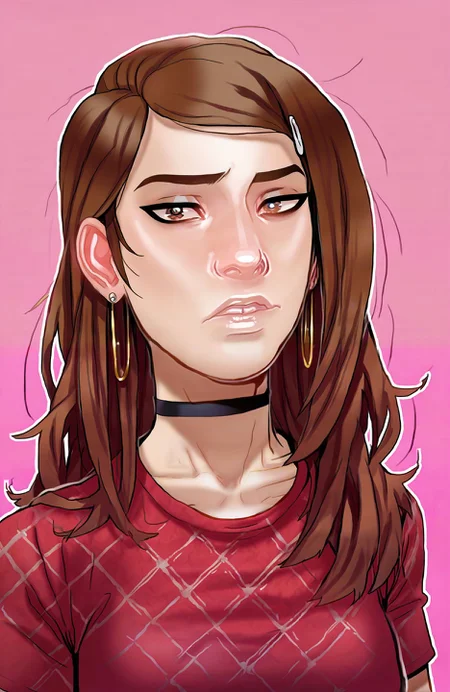 <lora:andava_style4-32:0.65> portrait, erica (andava), 1girl, brown hair, long hair, straight hair, brown eyes, medium breasts, choker, earrings, pink background, plaid shirt, red shirt, looking at viewer, source_cartoon, source_anime, score_9, score_8_up, score_7_up, score_6_up, score_5_up, score_4_up, ponypositive,, (masterpiece, perfectly detailed, detailed face, detailed eyes, beautiful eyes), (ultra HD quality details), 8K, extremely detailed, highres