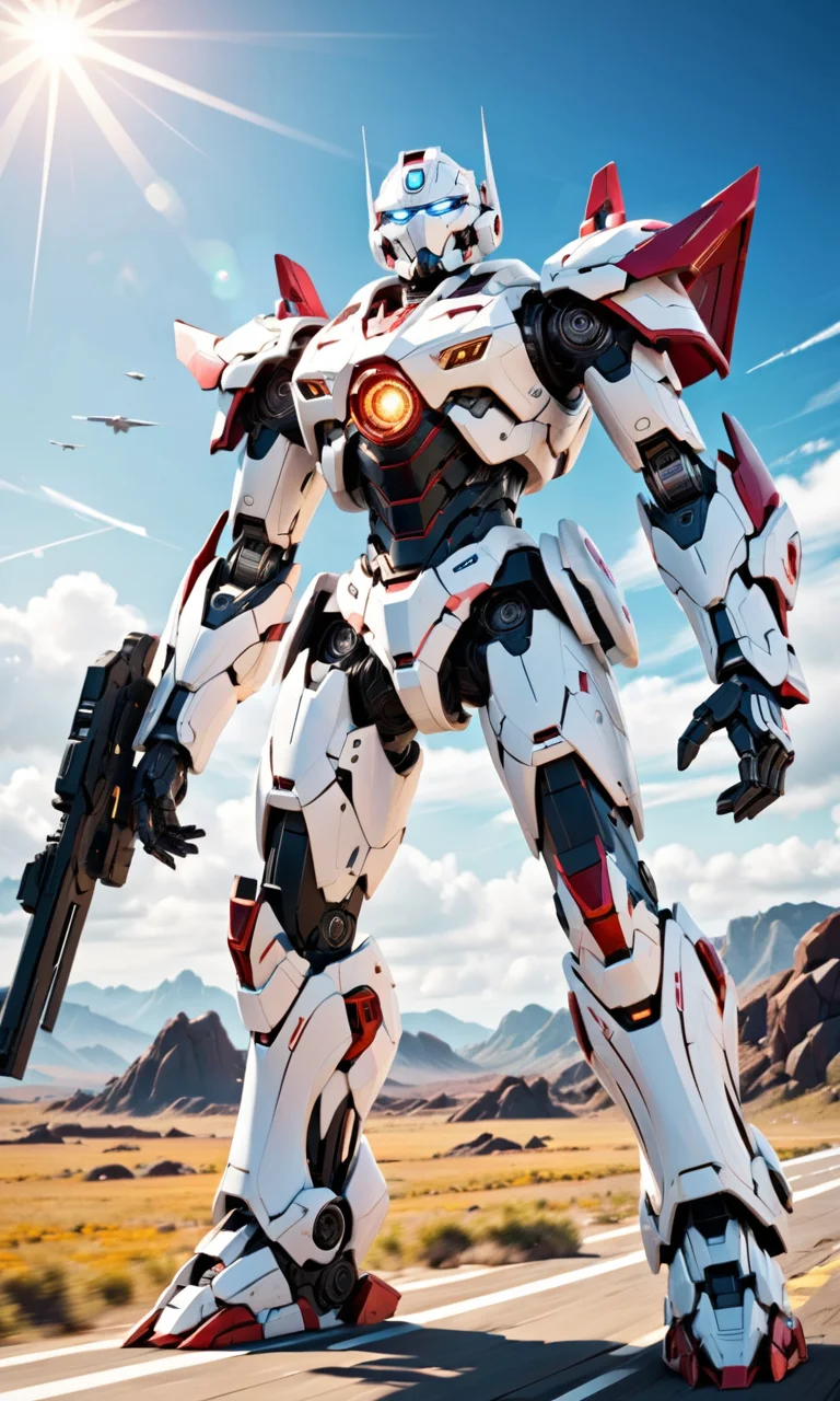 4n1v3rs3, zPDXLrl, masterpiece, best quality, cinematic film still, realistic, portrait, solo, white mecha robot, cape, science fiction, torn clothes, glowing, standing, robot joints, mecha, armor, cowboy shot, (floating cape), intense sunlight, silver dragonborn, outdoors, landscape, highres, 8k, intricate detail, hyper detailed, cinematic lighting, amazing quality, wallpaper, SimplePositiveXLv2, <lora:add-detail-xl:2>