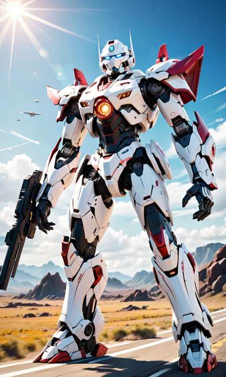 4n1v3rs3, zPDXLrl, masterpiece, best quality, cinematic film still, realistic, portrait, solo, white mecha robot, cape, science fiction, torn clothes, glowing, standing, robot joints, mecha, armor, cowboy shot, (floating cape), intense sunlight, silver dragonborn, outdoors, landscape, highres, 8k, intricate detail, hyper detailed, cinematic lighting, amazing quality, wallpaper, SimplePositiveXLv2, <lora:add-detail-xl:2>