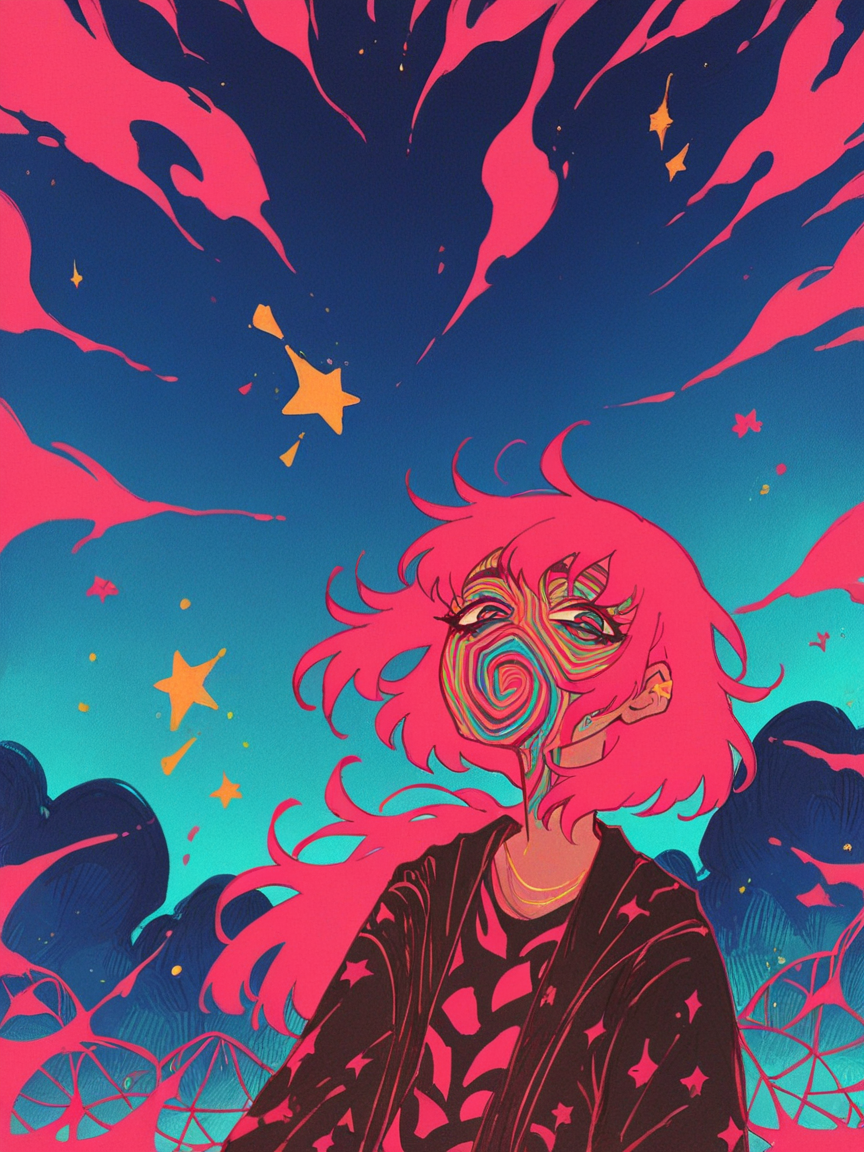 score_9, score_8_up, score_7_up, score_6_up, score_5_up, score_4_up,   <lora:f3nn3rXLP:0.9> f3nn3r, 1girl, colourful, pink, blue, black, red, trippy