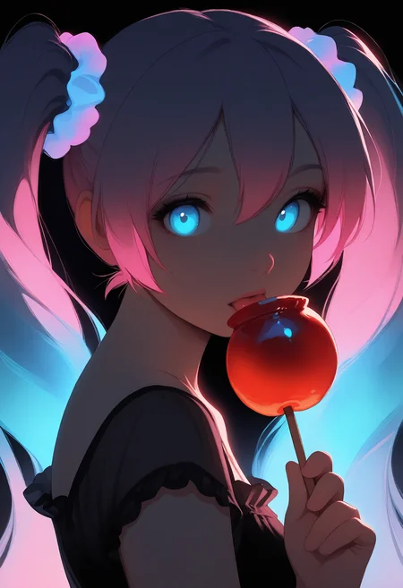 masterpiece, best quality, very aesthetic, hatsune miku, pink hair scrunchie, (licking:0.8), black nightgown, frills, short sleeves, holding candy apple, glowing candy apple, black background, colorful, glowing hair, looking at viewer, portrait, from side
