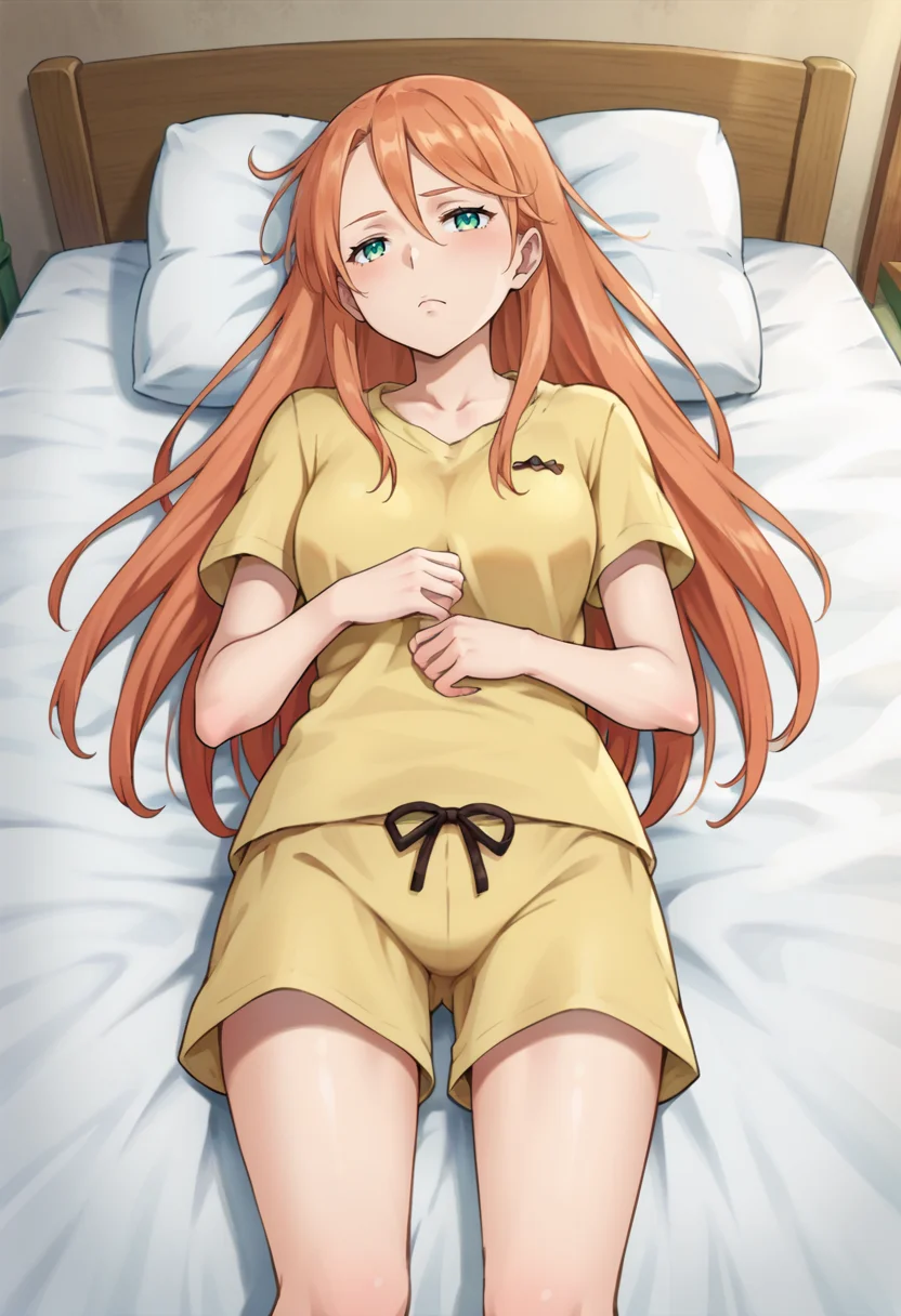 score_9,score_8_up,score_7_up,anime coloring BREAK source_anime,anime,<lora:Aida_Rayhunton:0.8>,aida,1girl,solo,green eyes,orange hair,long hair,pajama,shirt,shorts,sleepy,lying,bedroom,on bed,