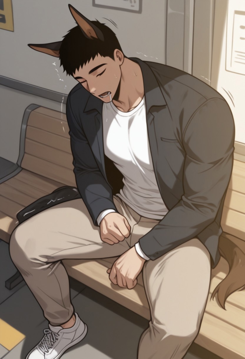 masterpiece, best quality, amazing quality, very aesthetic, absurdres, newest, detailed background, warm natural lighting, lively and bustling atmosphere, background details visible, shiny skin, indoor, train station, chinese background, 
hyunsunglee, 1boy, solo, male focus, short hair, sleeping, muscle body, t-shirt, blazer, brown pants, sneaker, saliva, sitting on bench, motion lines, twitching, ((dog ear:1.2), (long dog tail:1.2), doberman)
