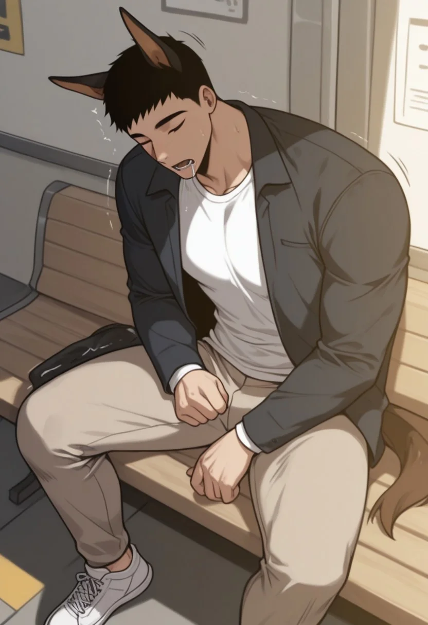 masterpiece, best quality, amazing quality, very aesthetic, absurdres, newest, detailed background, warm natural lighting, lively and bustling atmosphere, background details visible, shiny skin, indoor, train station, chinese background,
hyunsunglee, 1boy, solo, male focus, short hair, sleeping, muscle body, t-shirt, blazer, brown pants, sneaker, saliva, sitting on bench, motion lines, twitching, ((dog ear:1.2), (long dog tail:1.2), doberman)