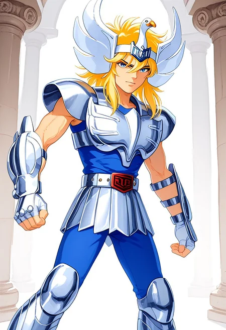 score_9, score_8_up, score_7_up, cygnushyov1, 1boy, blue eyes, slender figure, toned male, swan circlet, silver pauldrons, silver armor, fingerless silver gauntlets, circle plated vambrace, belt, silver tassets, blue pants, silver greaves, blue undershirt, belt buckle, wavy blonde hair, sleeveless, straight-on, full body, looking at viewer, greek temple, pillars, angry, clenched teeth, fighting stance, ohr_cn, traditional media, watercolor (medium),
