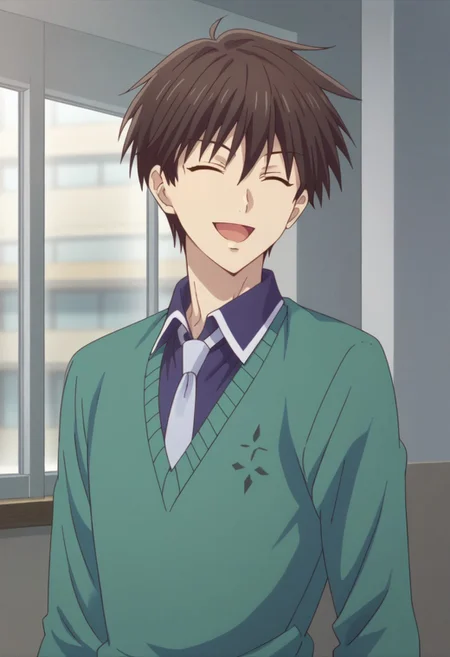score_9, score_8_up, score_7_up, source_anime, highly detailed,
kakerumanabe, 1boy, male focus, solo, closed eyes, smile, open mouth, necktie, ^ ^, brown hair, shirt, upper body, facing viewer, school uniform,
collared shirt, :d, sweater, green sweater,
indoor, window,