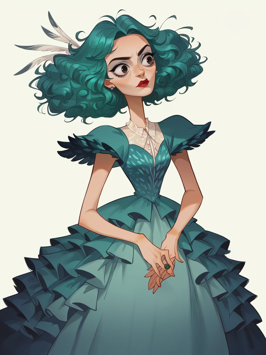 score_9, score_8_up, score_7_up, score_6_up, score_5_up, <lora:kangyannanXLP:0.8> kangyannan, white background, 1girl, peacock feathers, teal hair, dress