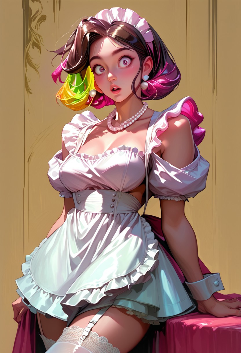 score_9, score_8_up, score_7_up, ((bold lines)), solo, long pearl necklaces, a beautiful (adult) female maid, short dark brunette hair with rainbow highlights, huge oversized boobs, pokies, thigh high lace socks, skimpy black with white maid apron, messy, surprised,