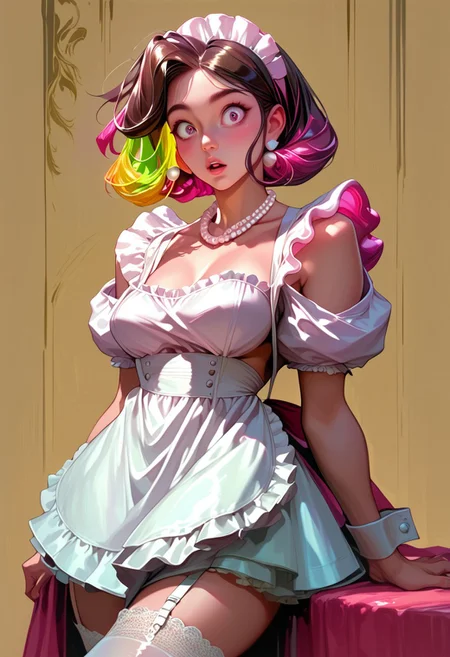score_9, score_8_up, score_7_up, ((bold lines)), solo, long pearl necklaces, a beautiful (adult) female maid, short dark brunette hair with rainbow highlights, huge oversized boobs, pokies, thigh high lace socks, skimpy black with white maid apron, messy, surprised,