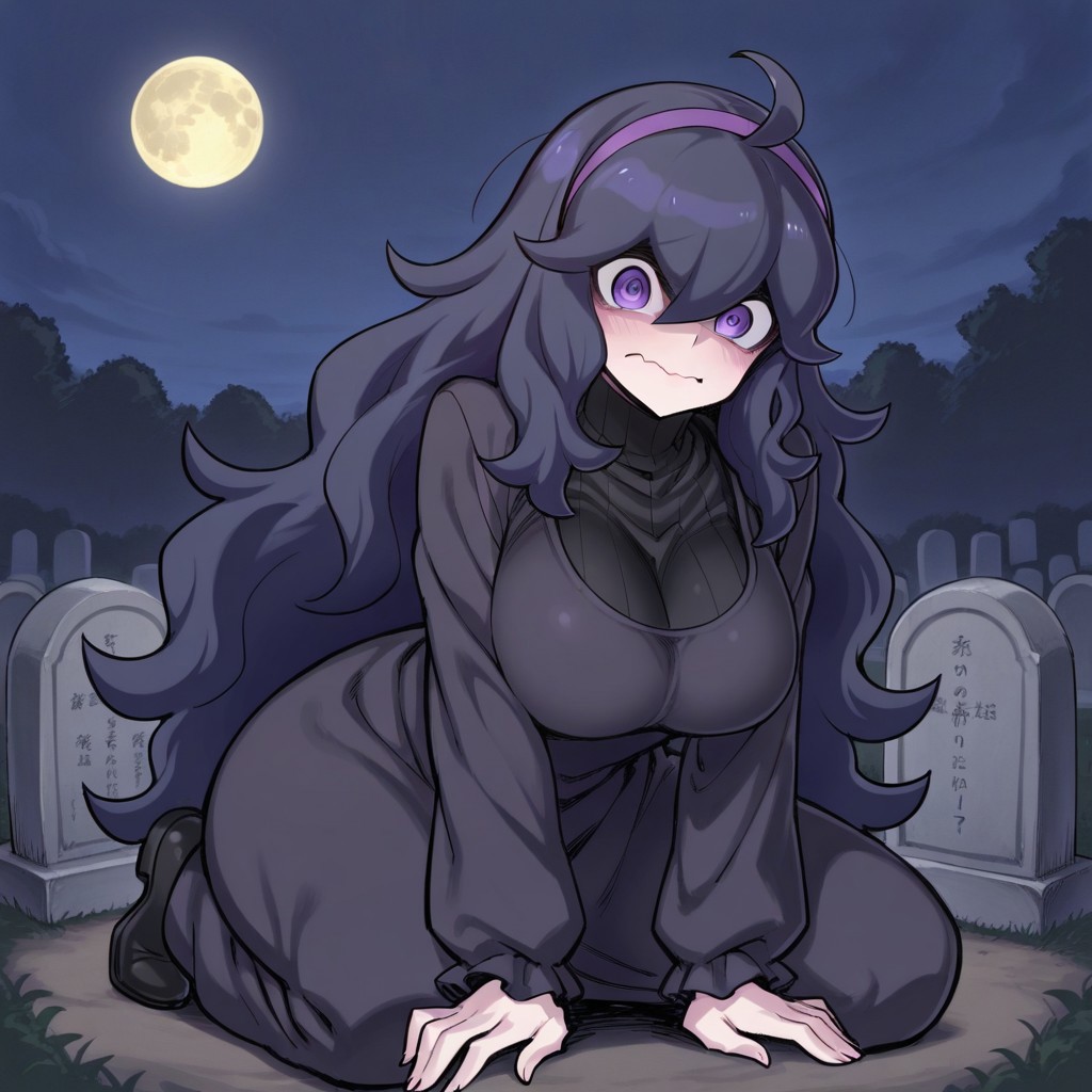 score_9, score_8_up, score_7_up, score_6_up,
1girl, hexmaniac(spacezin style-ixl), dark blue hair, purple eyes, spiral eyes, @_@, white pale skin, very long hair, ahoge, hair between eyes, bangs, purple hairband, messy hair, wavy hair, c-cup breasts,
looking at viewer, shaded face, (wavy mouth:1.2),  
sharp image, eye-catching, perfect quality, best quality, detailed,
detailed environment, dynamic pose, kneeling, nervous, shy,
outdoors, night, dark shadows, full moon, (graveyard:1.1), (tombstones:1.2),