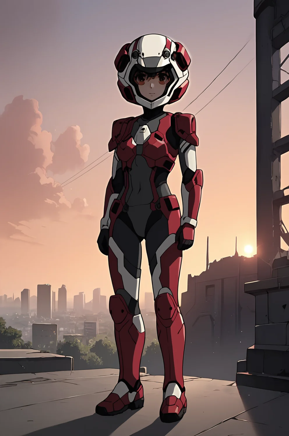 score_9, score_7_up, source_anime <lora:aiko_tachibana:1> aiko_wz, helmet, bodysuit, mecha pilot suit, pilot suit, standing, looking at viewer, city, ruins, nature, sunset, looking at viewer, cinematic light