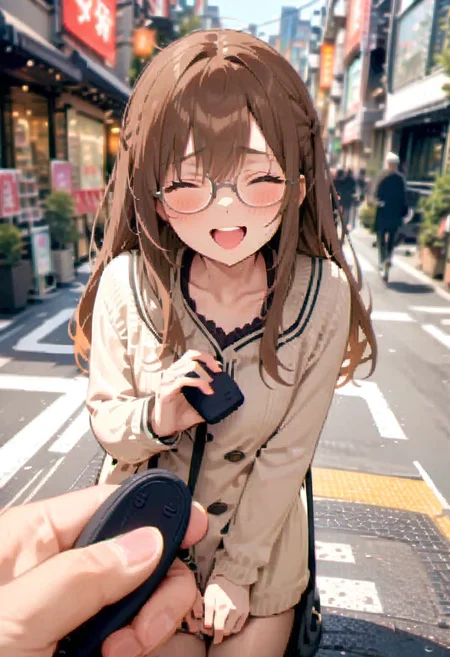 masterpiece, best quality, very aesthetic, absurdres,
remote controller, remote control, 1girl, glasses, solo, brown hair, long hair, laughing, holding, pov, street, road, city,
<lora:remocon_SDXL_V2:1>