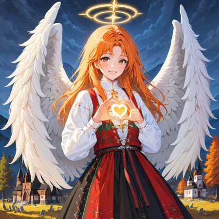 Female character, angel, wearing bunad, bunad, Human angel, norwegian bunad, norwegian folklore costume, red bunad, big angel wings, large angel wings, huge angel wings, white wings, wings of feathers, feathered wings, long hair, orange hair, straight hair, brown eyes, freckles, beautiful face, outdoors, nighttime, moon, full moon, moonlight, norwegian nature, smiling, sending love to viewer, norwegian angel, the angel is flying over stave church, the angel is floating over stave church, norwegian stave Church, stave church, angel of god, god's angel, golden halo over head, love gesture, shiny halo over head, gesture of love, pale skin, showing love, spiritual, supernatural, supernatural angel, glowing halo over head, glowing angel, glowing face, angel making a blessing gesture, the angel is sending a blessing, the angel holding her hands out