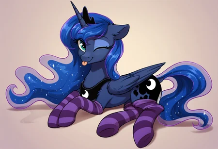 score_9, score_8_up, score_7_up, score_6_up, score_5_up, score_4_up, rating_safe, princess luna, alicorn, female, mare, pony, solo, clothes, cute, dock, horn, looking at you, sexy, socks, tail, wings, wink, lying down, tongue out, one eye closed, striped socks, lunabetes, eye clipping through hair, adorasexy, smiling, folded wings, ;p, winking at you, lying on the ground, g4, detailed, beautiful, <lora:Wholesome-MLP-v1.3b:1>