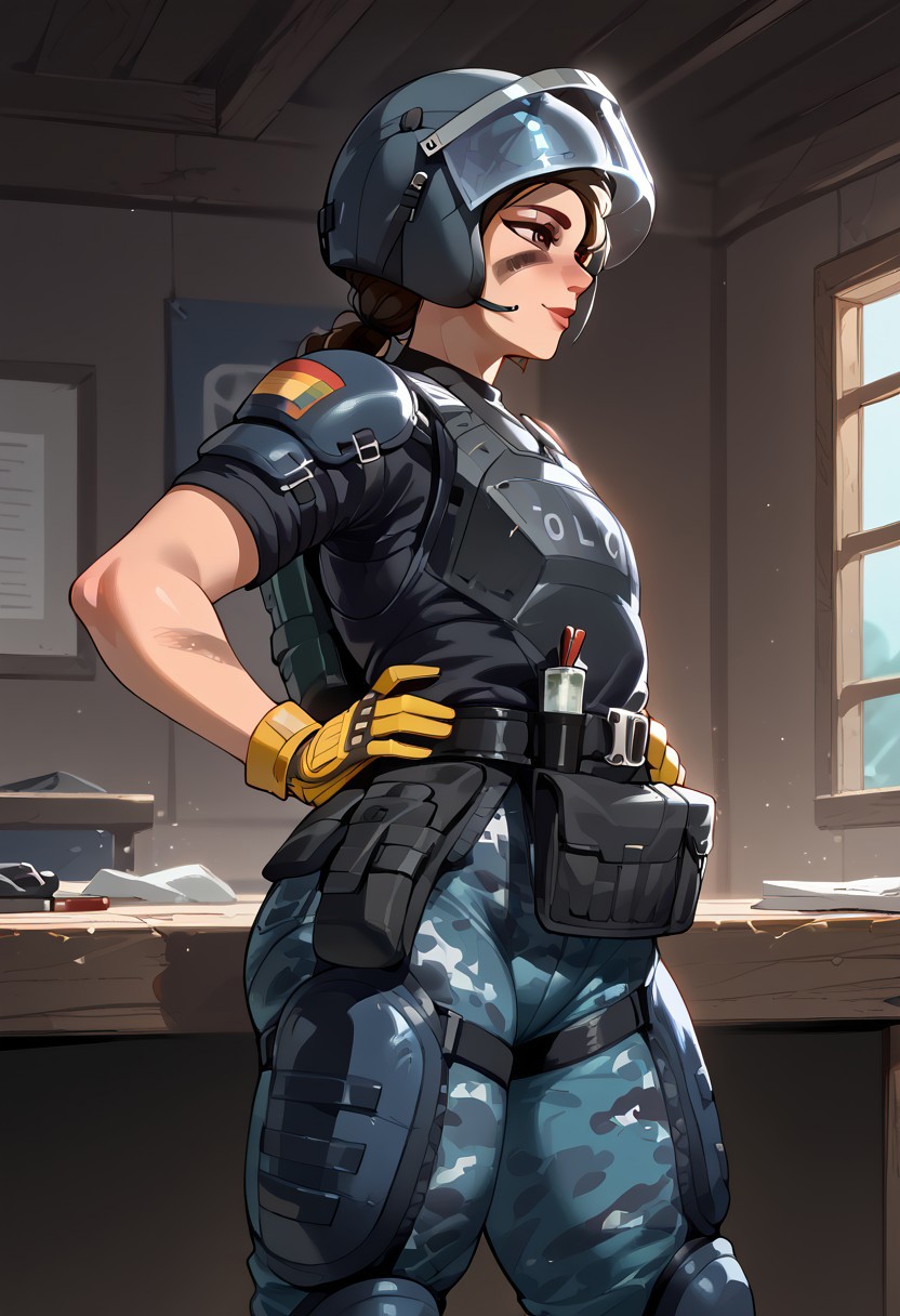 score_9, score_8_up, score_7_up, BREAK,Expressiveh, (masterpiece, best quality, highres detail),inside ,workshop,<lora:Mira_Rainbow_Six_Siege_PONY_XL_by_UOC:1>, mira, mira \(Rainbow Six Siege\),1girl,adult,solo,rear view,from side, standing,hands on hips ,looks at viewer,horny,((curvy:1),flat chest,fupa),beutiful face ,facepaint,lips,helmet,face shield,beutiful eyes,brown eyes,yellow gloves,black t-shirt,armor,blue camouflage pants