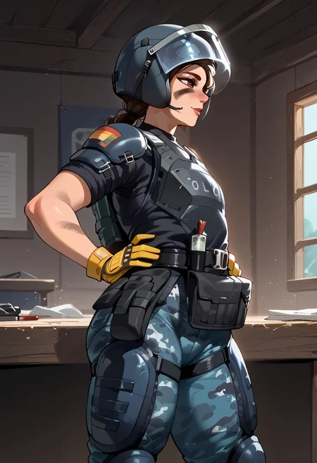 score_9, score_8_up, score_7_up, BREAK,Expressiveh, (masterpiece, best quality, highres detail),inside ,workshop,<lora:Mira_Rainbow_Six_Siege_PONY_XL_by_UOC:1>, mira, mira \(Rainbow Six Siege\),1girl,adult,solo,rear view,from side, standing,hands on hips ,looks at viewer,horny,((curvy:1),flat chest,fupa),beutiful face ,facepaint,lips,helmet,face shield,beutiful eyes,brown eyes,yellow gloves,black t-shirt,armor,blue camouflage pants