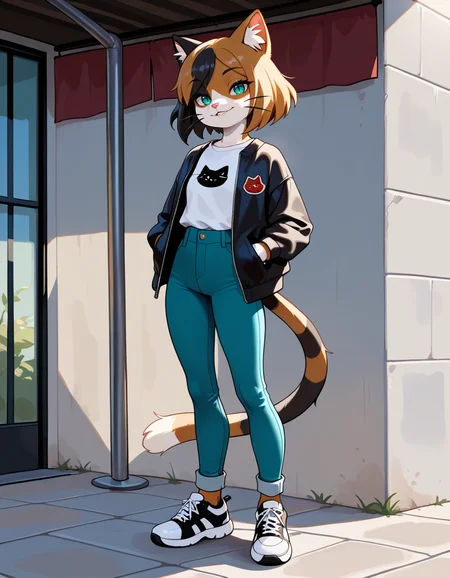 masterpiece, best quality, very aesthetic, absurdres,
outdoors, casual, 
full body, standing, posing, 
seductive smile, parted lips, long eyelashes,
 <lora:Kawa_v01_NAIXL:1>
K4w4,1girl,solo,furry,furry female,cat girl,short hair,multicolored hair,cat ears,aqua eyes,slit pupils,snout,animal nose,whiskers,body fur,two-tone fur,cat tail,striped tail,