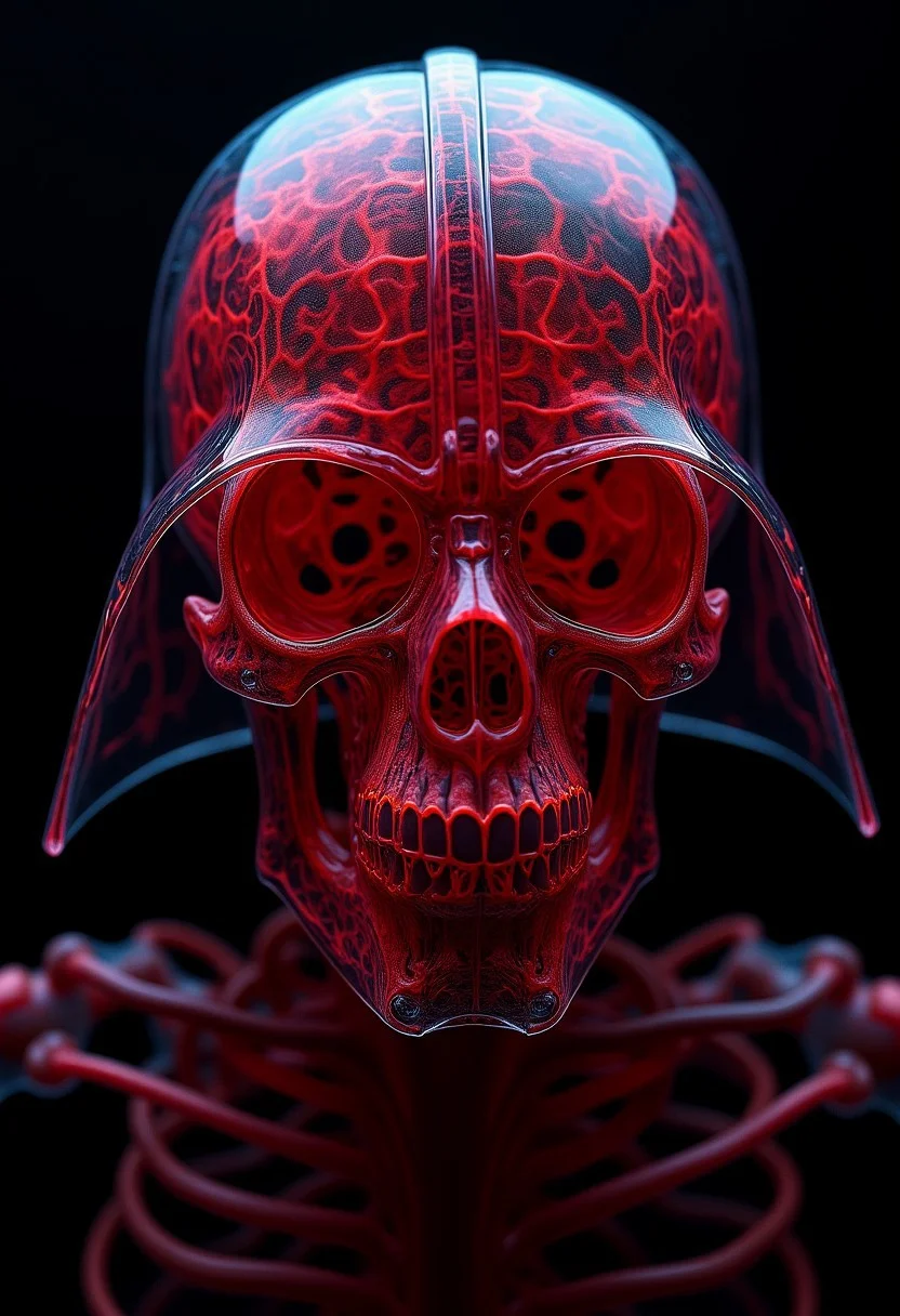 Transparent skeletal specimen of darth vader's helmet. We see an intricate, cinematic view inside Darth Vader's helmet, where the once opaque layers are now rendered transparent, revealing a hauntingly detailed vision of his skull. The scene is dominated by a network of glowing, red-hued blood vessels that wind through the contours of his skull, pulsing with an eerie life force. The skeletal structure is partially obscured by the dense, web-like vascular network, with each vessel pulsating softly against the dark, metallic backdrop of the helmet’s interior. The scene is illuminated by a faint, ominous light that casts long shadows, highlighting the contrast between the organic and mechanical elements. The helmet’s technology is also partially visible, with wires and circuits intertwined with the blood vessels, suggesting a fusion of man and machine. The overall effect is both mesmerizing and unsettling, capturing the dark essence of Darth Vader’s inner being.