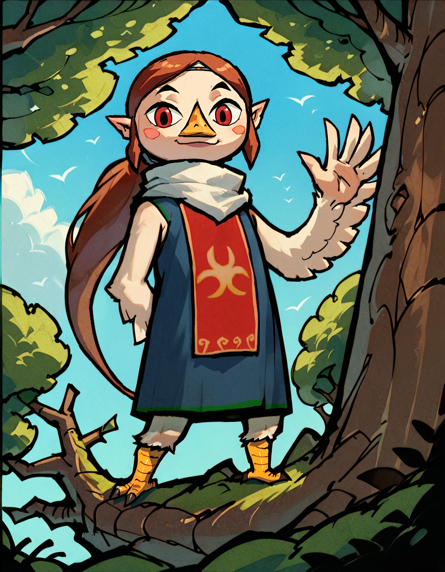 (zPDXL), score_9, score_8_up, score_7_up, score_6_up, score_5_up, score_4_up, source_cartoon, young, child, furry, avian, feathers, <lora:Medli_windwaker:.8> medli, brown hair, red eyes, beak, pointy ears, long ponytail, parted bangs, blue dress, smiling, waving, looking at you, bird nest, in a tree, treetop, standing on a tree branch, avian feet, monotone body, white body, <lora:WindWakerStyle:1> WindWakerStyle, white scarf, tabard <lora:Winged_Arms_Lora_PonyXL:1> wingarms, winged arms, standing, low angle, looking down at you, feather hands, hand behind back, blush stickers,