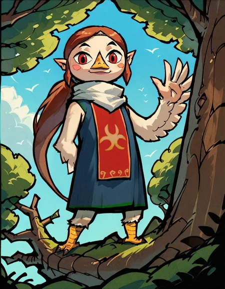 (zPDXL), score_9, score_8_up, score_7_up, score_6_up, score_5_up, score_4_up, source_cartoon, young, child, furry, avian, feathers, <lora:Medli_windwaker:.8> medli, brown hair, red eyes, beak, pointy ears, long ponytail, parted bangs, blue dress, smiling, waving, looking at you, bird nest, in a tree, treetop, standing on a tree branch, avian feet, monotone body, white body, <lora:WindWakerStyle:1> WindWakerStyle, white scarf, tabard <lora:Winged_Arms_Lora_PonyXL:1> wingarms, winged arms, standing, low angle, looking down at you, feather hands, hand behind back, blush stickers,