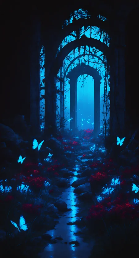 masterpiece, best quality, good quality, very awa, very aesthetic, absurdres, newest,  flower, no humans, night, grass, plant, red flower, butterfly, scenery, rock, dark, vines, ruins, blue butterfly, path, arch, overgrown, Cinematic Lighting,
limited palette, glowing, psychedelic, <lora:NOOB_vp1_detailer_by_volnovik_v1:0.35> <lora:noobai_ep11_stabilizer_v0.138_fp16:0.4> <lora:ponyv6_noobV1_2_adamW-000017:0.7> <lora:ç»ªå¿_åæ¶æå¾åå½±è´¨æå¢å¼ºV3:0.3> <lora:r17329_illuu:0.3> <lora:748cmXL_NB11_lokr_V6311P:0.8>