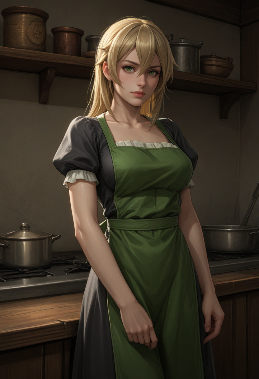 score_9, score_8_up, score_7_up, score_6_up, source_cartoon, raw, realistic, solo shot, 1girl, cq_cla1redr3ss, (green eyes:.7), blonde hair, apron, short sleeve dress, grey dress, green apron, puffy sleeves, hair between eyes, bangs,  <lora:CQ_ClairedressPony-10:.5>