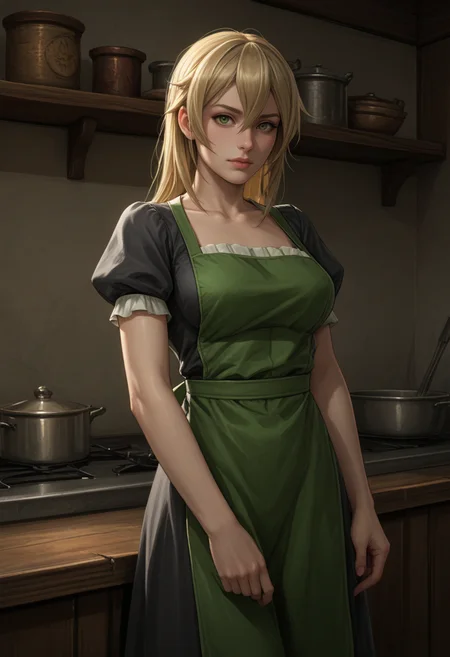 score_9, score_8_up, score_7_up, score_6_up, source_cartoon, raw, realistic, solo shot, 1girl, cq_cla1redr3ss, (green eyes:.7), blonde hair, apron, short sleeve dress, grey dress, green apron, puffy sleeves, hair between eyes, bangs, <lora:CQ_ClairedressPony-10:.5>