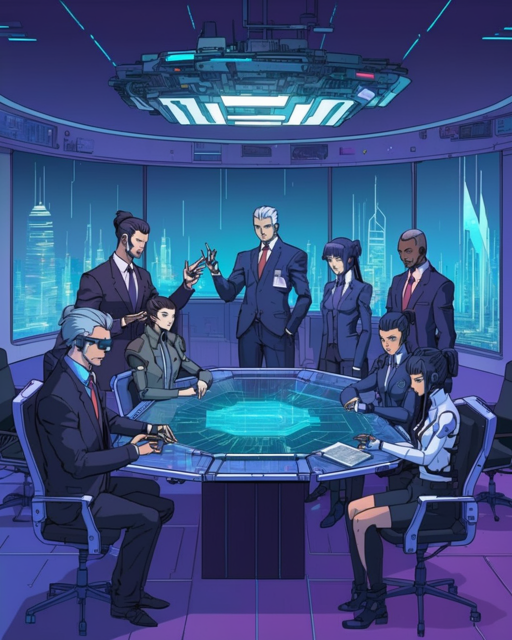 anime, Megacorporate boardroom, executives seated around a holographic table, manipulating data with futuristic hand gestures.,  cyberpunk, cyberpunk art, retrofuturism<lora:Cyberpunk _Anime_sdxl:1.0>