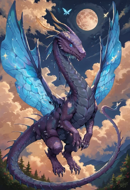 score_9, score_8_up, score_7_up, source_furry BREAK
night, sky, moon, sparkles, stars, clouds
a1vu, dragon, purple scales, blue eyes, wings, blue fairy wings, quadraped, feral
looking at viewer, (flying:1.3), floating, in the sky, smile, looking at viewer, teeth
(cowboy shot:1.2), facing viewer, looking at viewer
beautiful background, detailed scenery
<lora:A1VU:0.9>