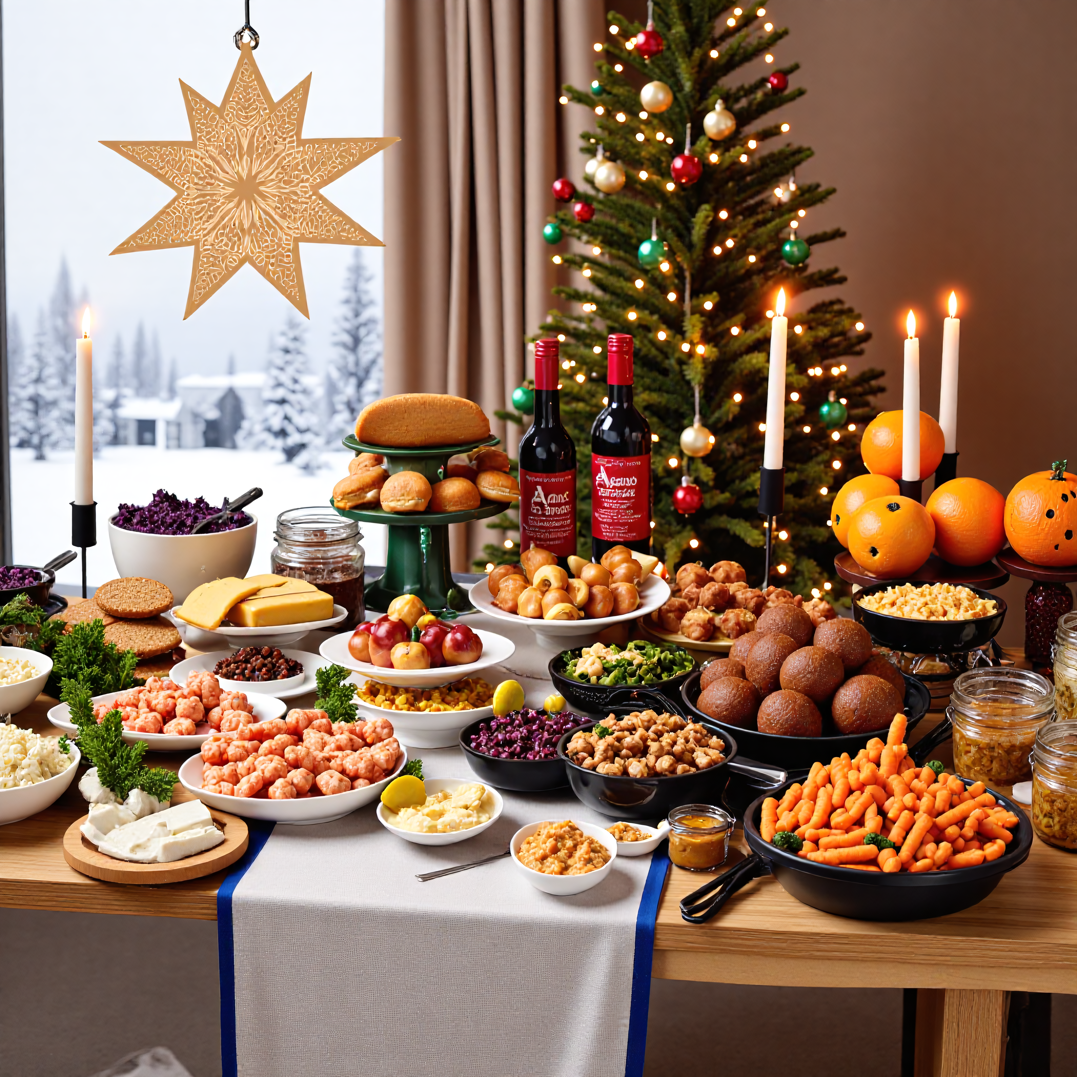 A large buffet table laden with a diverse selection of Christmas food, set against a snowy winter scene and a decorated Christmas tree.  Hyperphotorealistic style. The table is covered with a light beige tablecloth, on which various dishes are arranged on white plates and platters: smoked salmon, roasted meats, meatballs, salads, roasted potatoes, appetizers,  and fruits. On the table are also displayed glasses jars, and small bowls full of food. A tiered stand with gingerbread cookies and fruits sits prominently. The background features a snowy window view with a glittering Christmas tree, adorned with colorful lights and ornaments. The scene is warm and inviting with soft lighting from both the Christmas tree and ambient light. The colors are predominantly warm, featuring tones of red, green, gold, white, beige, and the natural colors of the ingredients.  Include candles, and wine bottles. Close-up details, with a focus on the food and the arrangement on the table. Include a large paper star light decoration hanging in the background.