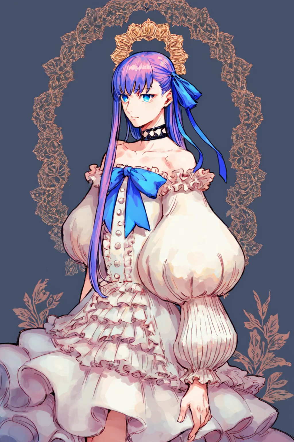 score_9, score_8_up, score_7_up, meltryllis \(fate\), bare shoulders, blue eyes, blue ribbon, choker, frills, hair ribbon, long hair, puffy sleeves, purple hair, ribbon, solo, solo focus, cowboy shot, high contrast,wide shot,detailed background, simple background, Standing with hands in pockets, gazing at a distant point with curiosity., <lora:godiva_color:1>