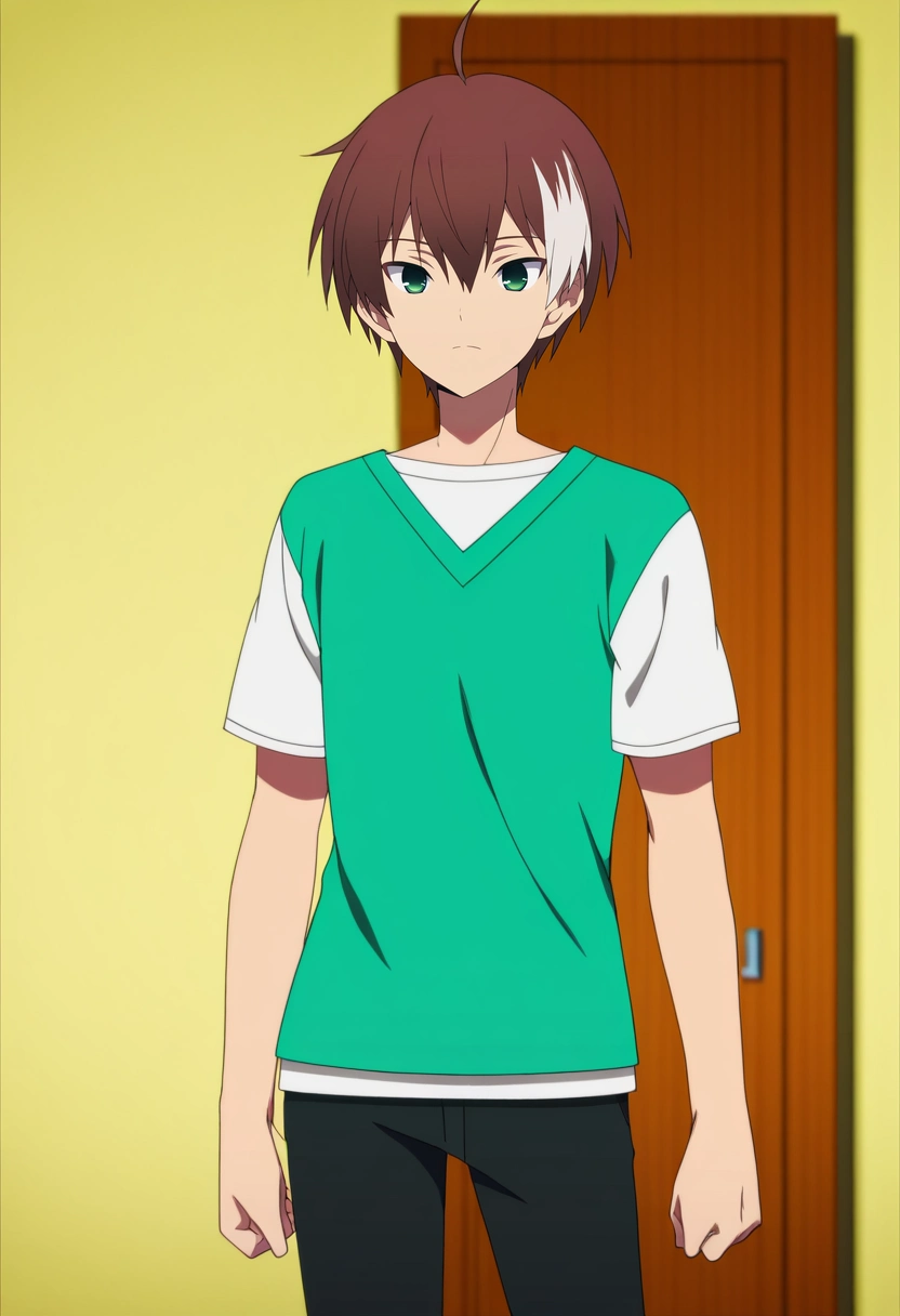 masterpiece, best quality, anime screencap, official style, anime coloring, cowboy shot, 1boy, solo, male focus, <lora:akatsuki_iride_ilxl:0.92>, akatsuki_iride, brown hair, green eyes, short hair, ahoge, multicolored hair, two-tone hair, white hair, ,