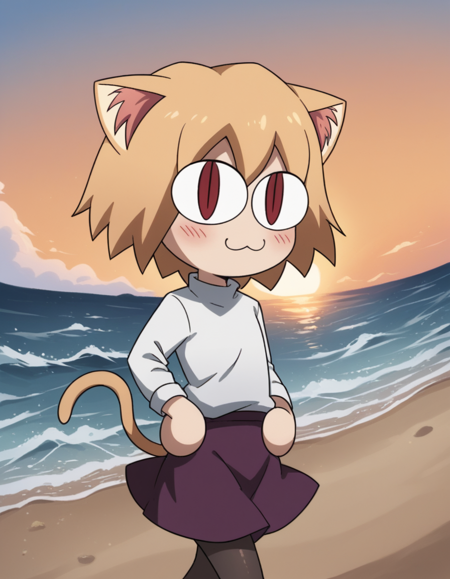 score_9, score_8_up, score_7_up, source_anime, <lora:carnivalphantasm-neco-arc-ova-ponyxl-lora-nochekaiser:1>, neco arc, short hair, blonde hair, red eyes, animal ears, tail, cat ears, chibi, cat tail, slit pupils,, skirt, pantyhose, sweater, purple skirt,, beach, sunset, walking along shore, footprints in sand, waves, peaceful, smile, looking at viewer, hands on stomach, blush,, solo,, dutch angle, cowboy shot