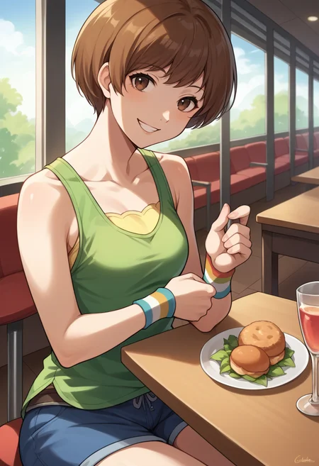 score_9, score_8_up, score_7_up, source_anime BREAK 1girl, solo,
 <lora:zs_ChieXL:1> chiesummer, brown hair, short hair, brown eyes, green tank top, wristbands, blue shorts, 
cowboy shot, smile, restaurant, sitting on chair, table, food on table
