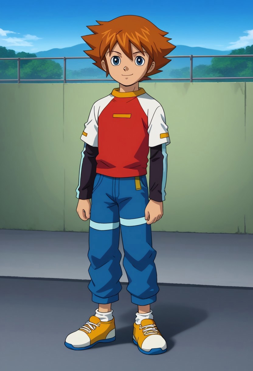 score_9, score_7_up, source_anime

chrisdyke, 1boy, male focus, solo, blue eyes, brown hair, short hair, spiked hair, hair beyween eyes, shirt, raglan sleeves, multicolored shirt, red and white shirt, long sleeves, layered sleeves, short over long sleeves, black sleeves, pants, blue pants, capri pants, socks, white socks, shoes, yellow footwear, smile, standing,

outdoor, sky, 