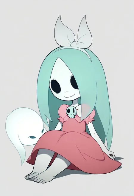 score_9, score_8_up, score_7_up BREAK Dthgrl, 1girl, ghost, pale skin, black hollow eyes, cyan hair, white bow, pink dress with skull brooch, barefoot, smiling at viewer,
