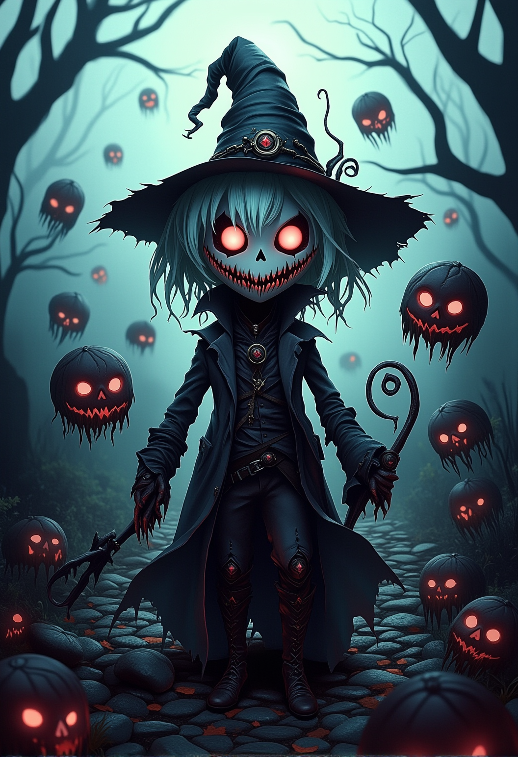 bv-twiwonsty. A full-body shot of a twisted witch, dressed in dark robes, standing in a desolate battlefield, surrounded by sinister creatures. , <lora:bv-twisted-wonderland-style-v1.safetensors:1.0:1.0>