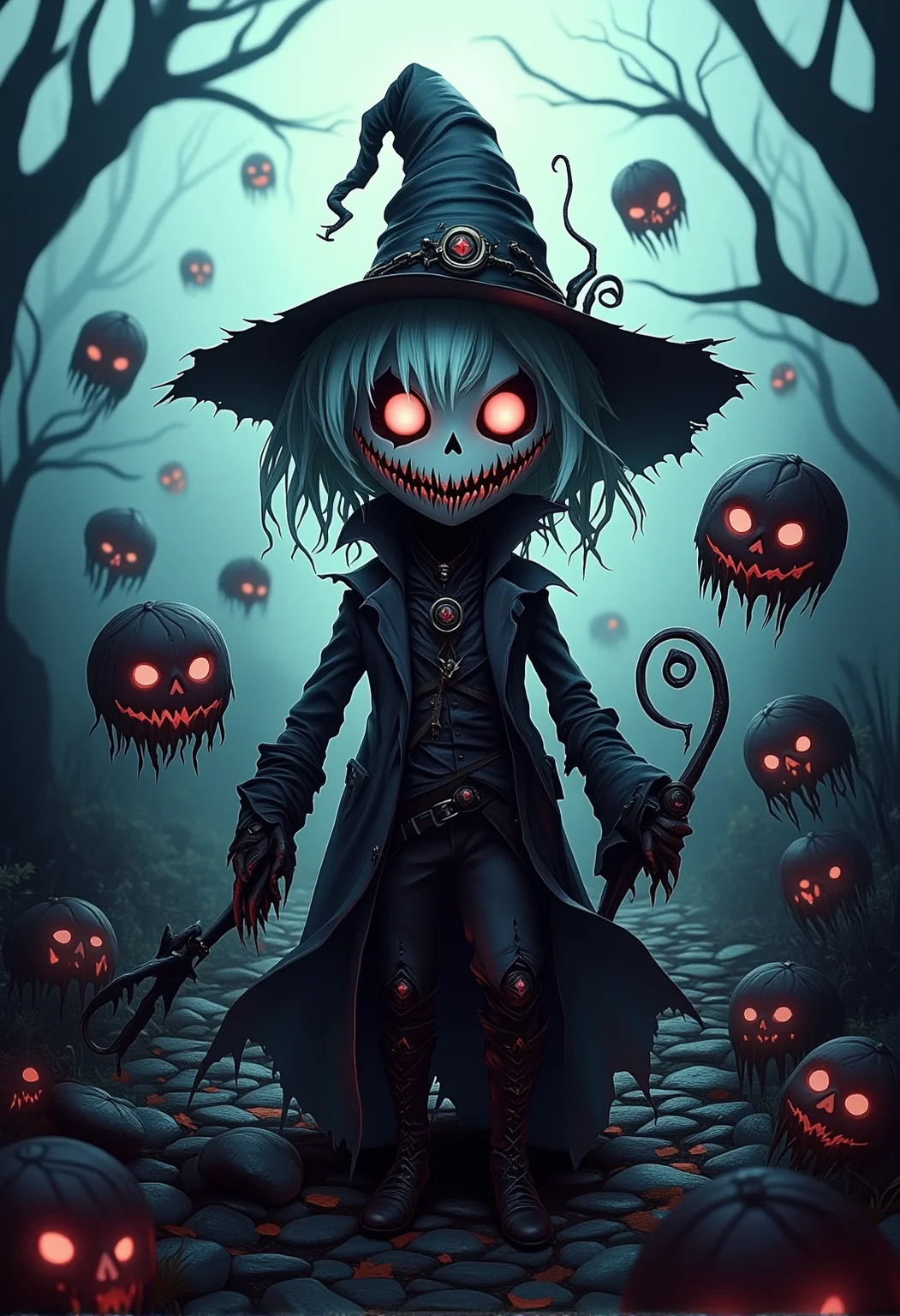 bv-twiwonsty. A full-body shot of a twisted witch, dressed in dark robes, standing in a desolate battlefield, surrounded by sinister creatures. , <lora:bv-twisted-wonderland-style-v1.safetensors:1.0:1.0>