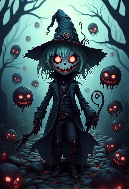 bv-twiwonsty. A full-body shot of a twisted witch, dressed in dark robes, standing in a desolate battlefield, surrounded by sinister creatures. , <lora:bv-twisted-wonderland-style-v1.safetensors:1.0:1.0>