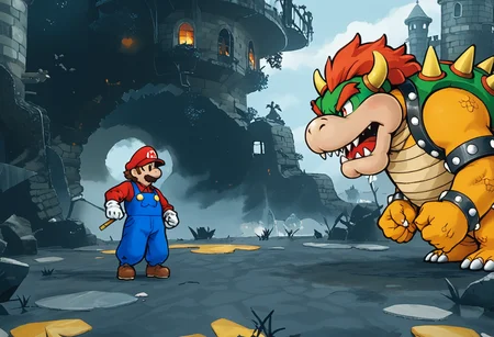 score_9,score_8_up,score_7_up,source_anime,<lora:PonyBossBattle:1.1>,bosstyle,<lora:paper_mario_style:0.8>,paper_mario_style,dot eyes BREAK
1boy,mario,<lora:mario-cosplay-ponyxl-lora-nochekaiser:0.2>,mariocosplay,mario \(cosplay\),blue overalls,overalls,shirt,red shirt,long sleeves,collared shirt,hat,red hat,from behind,clenched hands BREAK
giant,bowser,