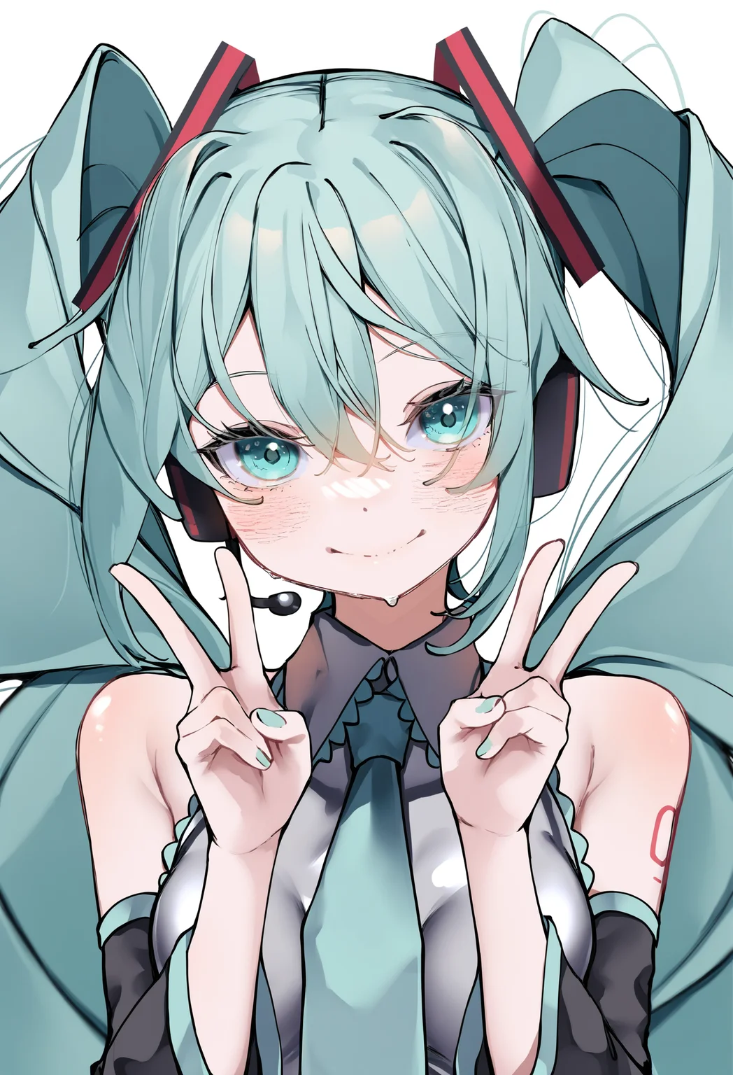 1girl, solo, hatsune miku, v, necktie, long hair, twintails, looking at viewer, double v, detached sleeves, upper body, grey shirt, shirt, white background, blush, headset, smile, aqua hair, simple background, breasts, aqua eyes, hair between eyes, aqua necktie, bare shoulders, sleeveless shirt, sleeveless, closed mouth, collared shirt, hair ornament, medium breasts, very long hair
,masterpiece,best quality,very aesthetic,absurdres
<lora:ããããã¤ãfornoob:0.95>