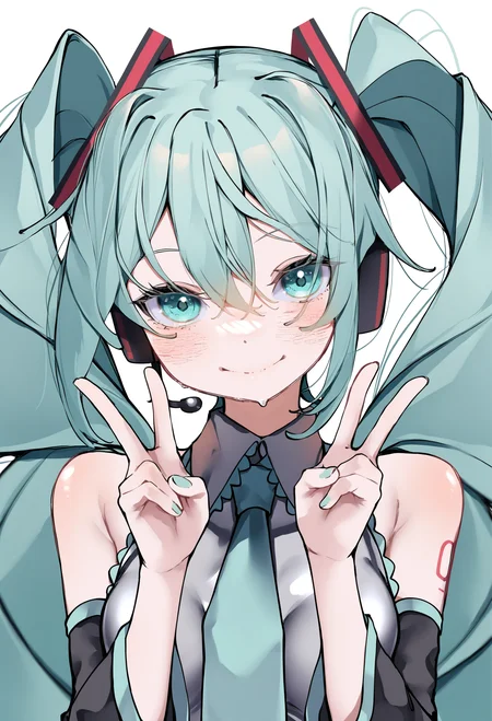 1girl, solo, hatsune miku, v, necktie, long hair, twintails, looking at viewer, double v, detached sleeves, upper body, grey shirt, shirt, white background, blush, headset, smile, aqua hair, simple background, breasts, aqua eyes, hair between eyes, aqua necktie, bare shoulders, sleeveless shirt, sleeveless, closed mouth, collared shirt, hair ornament, medium breasts, very long hair
,masterpiece,best quality,very aesthetic,absurdres
<lora:ããããã¤ãfornoob:0.95>