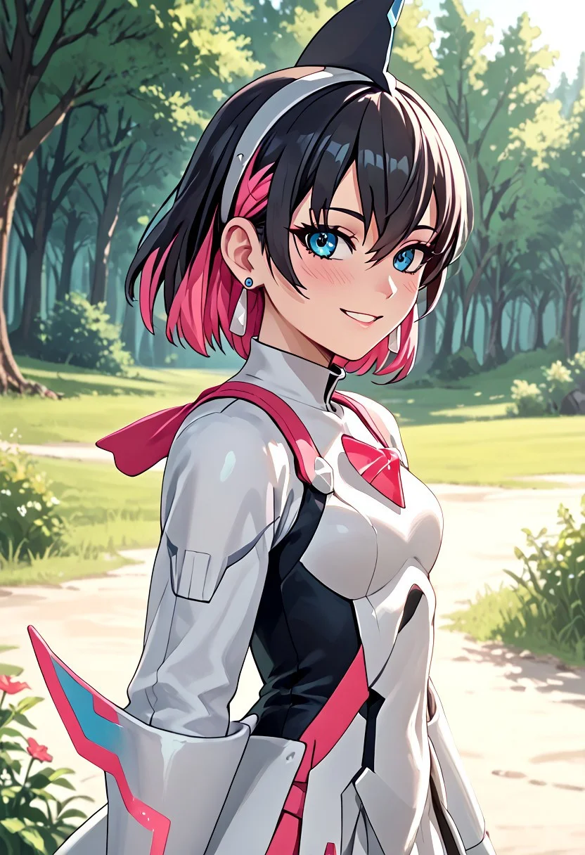 score_4,score_5,score_6,score_7_up,score_8_up,score_9 ((masterpiece,best quality,ultra detailed,highres,HD,4k:1.2)),
1 girl,solo,face focus,
((ironvaliantsv,human girl,)),
short hair,black hair,multicolored hair,Inner color pink hair,blue eyes,tattoo,black head gear,earrings,small breast,
outdoors,in the forest,day,
standing,
smile,.blush,light smile,
