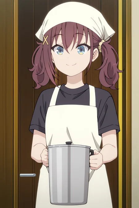 volumetric lighting, official style, amazing quality, ultra detailed, highres, detailed background, anime screenshot, anime screencap, anime coloring, masterpiece, detailed face,1girl <lora:Kurea_Furutachi__-20:1> Kurea_Furutachi(Outfit 2), solo, apron, twintails, blue eyes, shirt, holding, brown hair, smile, head scarf, black shirt, hair ornament, indoors, short sleeves, bangs, closed mouth, hair between eyes, scrunchie