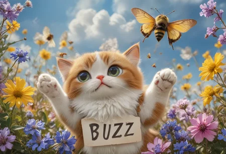 photorealistic close up image
flying kitten with bee wings, flying cat, cat bee hybrid, bumble bee fur, kitten has bumble bee fur, (bee wings), blue eyes, ((Holding a sign that says "Buzz Buzz")), kitten is flying over a flower field with vibrant colors
1cat
highly detailed, aesthetic, great lighting, extremely detailed, award winning, perfect composition, a rich and complex image of nature, a vibrant tissue of hues and textures captured digitally, best quality, realistic, captivating, intricately detailed, hyper detailed, maximalist style, photorealist, sharp focus, dynamic lighting, superb composition, finest details, highest aesthetics, best quality, sharp focus, high contrast, stylized, clear, colorful, ultra quality, 8k, best quality, masterpiece,midjourneyv6.1
AP, no humans, animal focus, cat ,looking at viewer, animal,whiskers