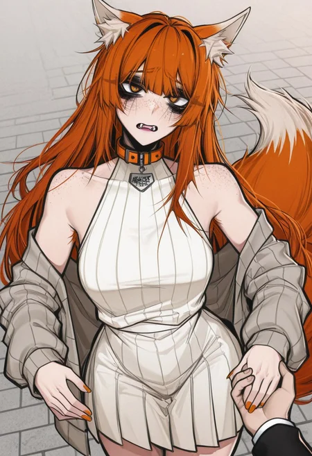 ace_glitch, masterpiece, best quality, very aesthetic, absurdres, masterpiece, best quality, good quality, dynamic lighting, perfect anatomy, 1girl, female, tomboy, rugged, athletic build, lithe, (demi human, fox girl, fox-kin, fox features, droopy fox ears, fox tail, fox eyes, armpit hair peek, small fangs, claw finger nails), (burnt orange hair color, black highlights, long loose hair style), freckles, perfect pink lips, aggressive cute makeup, painted orange nails, open cardigan, (cute dress, cream color, high collar, sleeveless, calf length), pet collar, public park background, holding out hand, wants to hold hands, slightly embarrassed, bossy look, short temper, imminent hand holding, presenting soft palms, offering hands, windy,