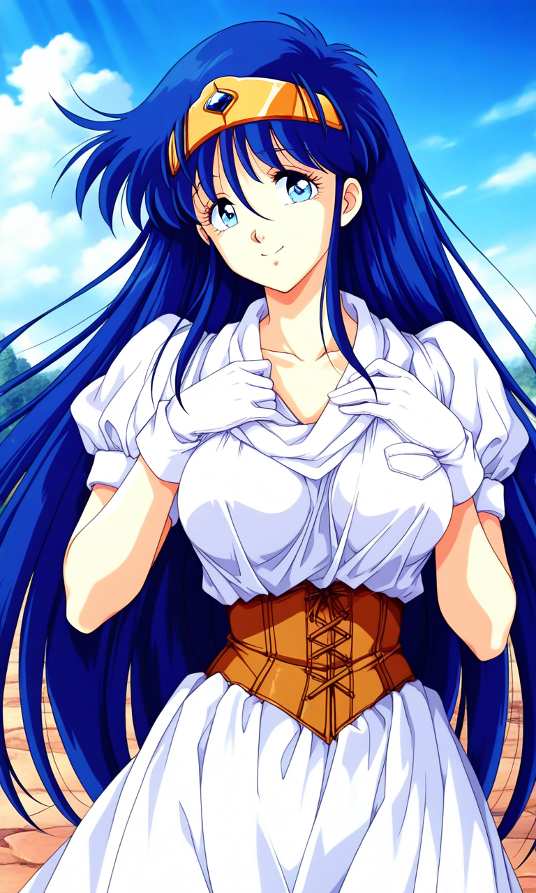 general,highres, ultra-detailed,very aesthetic,best quality ,best hands, BREAK <lora:Irene_La_Tias_XEXEX_IS:0.8> 1990s (style), 
Irene_La_Tias(XEXEX), 1girl, solo, very long hair, blue hair, blue eyes, tiara, large breasts, circlet, bangs,
smile,looking at viewer, cowboy_Shot,
white dress, white gloves, brown corset,
blue sky, game cg style,